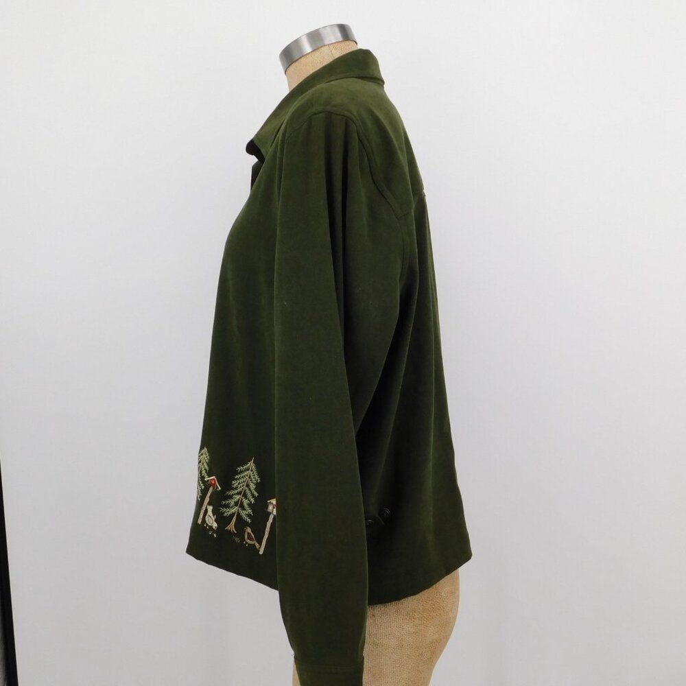 Christopher And Banks Women PXL Green Button Up Stretch Shirt Bird House Tree - Picture 2 of 10